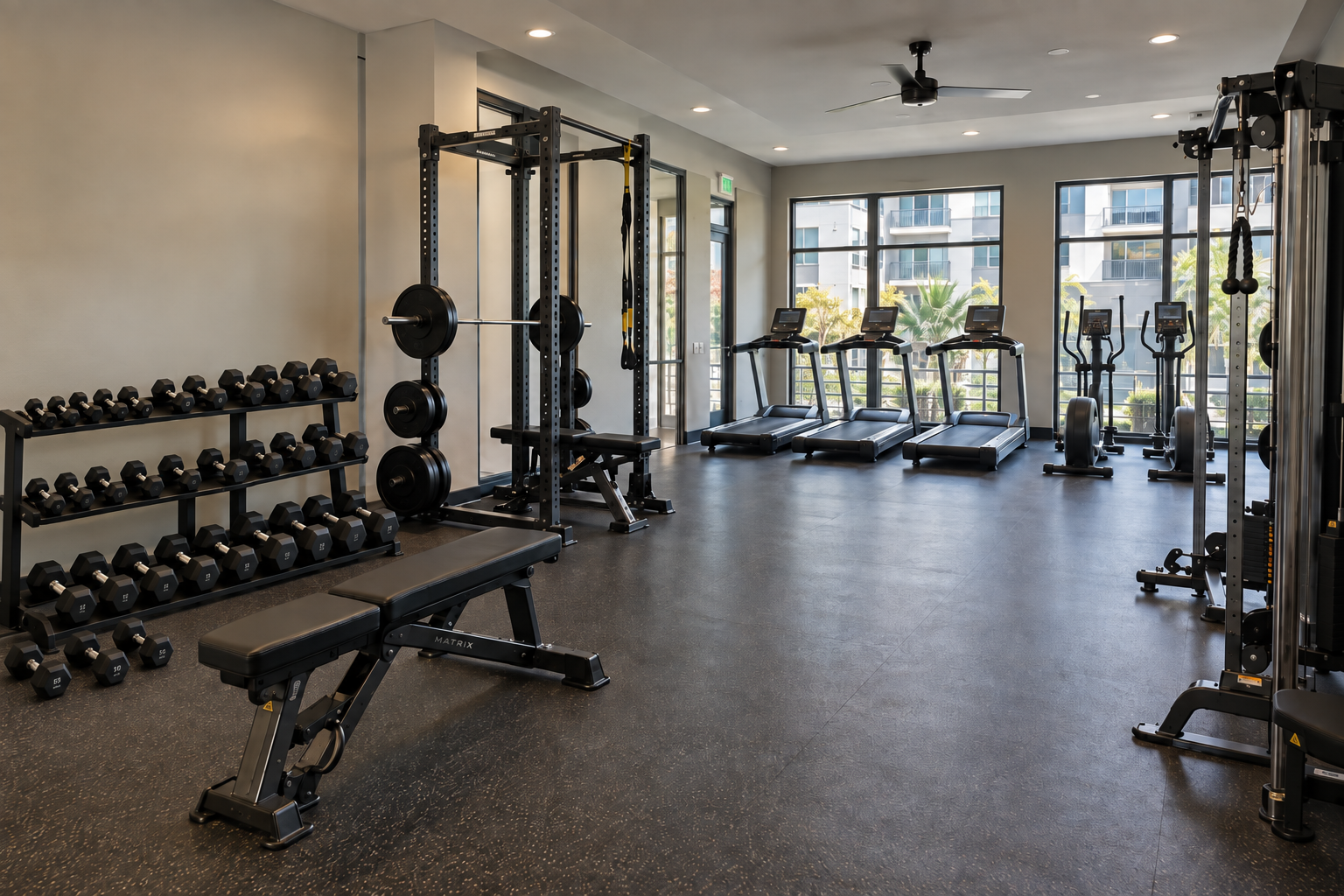 Modern gym with dumbbell rack, power rack, treadmills, and cardio equipment